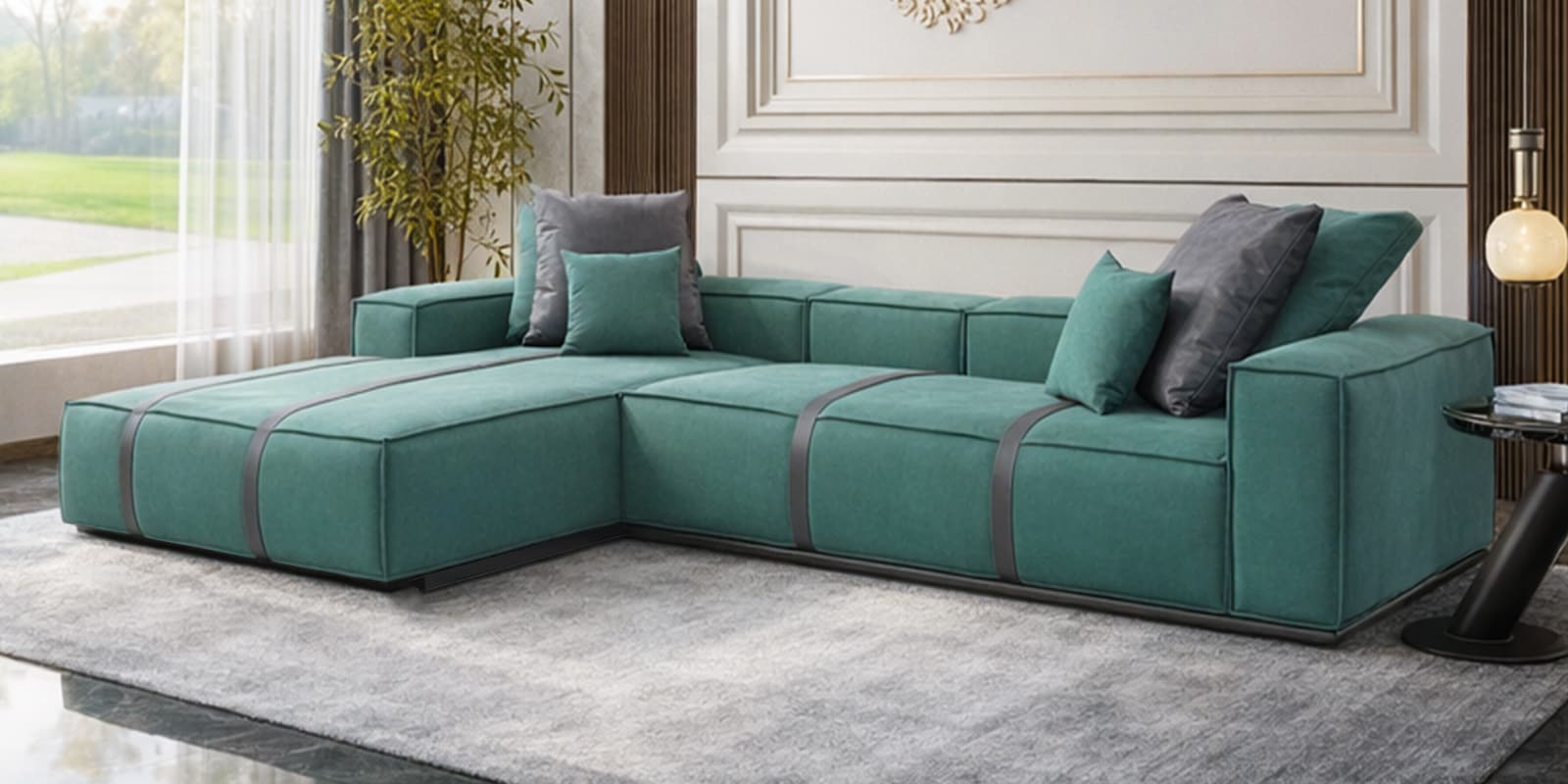 Portofino Chenille Fabric RHS Sectional Sofa in Pine Green Colour