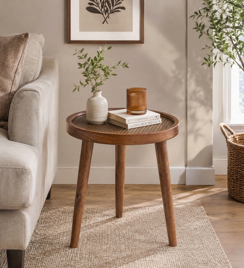Poitiers Mango Wood End Table In Tubbaq Finish With Clear Glass Top