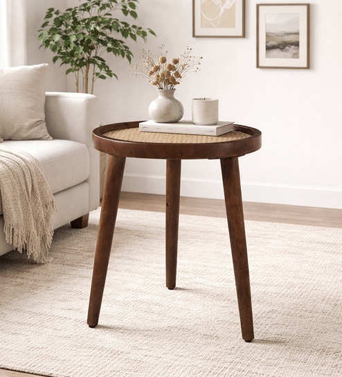 woodsworth from pepperfry Poitiers Mango Wood End Table In Tubbaq Finish With Clear Glass Top-picture-22