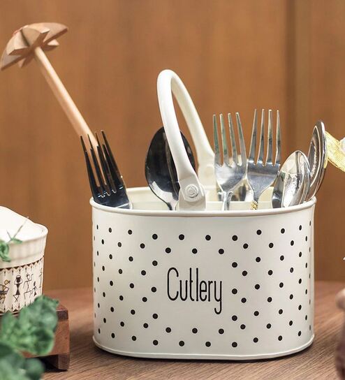 Polka Dotted Iron Cutlery Holder with Handle (Ivory)