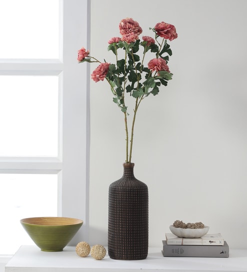 Orange Fabric Artificial Peony Flower Bunch Set of 2