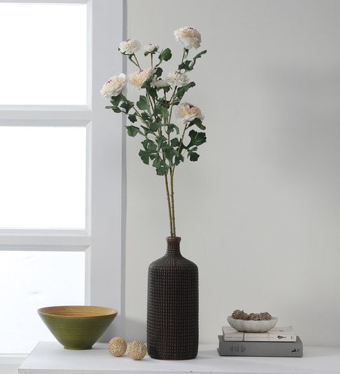 White Fabric Artificial Peony Flower Bunch Set of 2