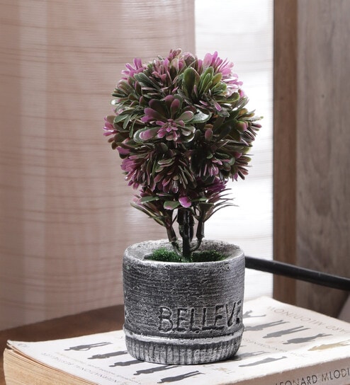 Polyester Pink Bonsai With Resin Pot Artificial Plants