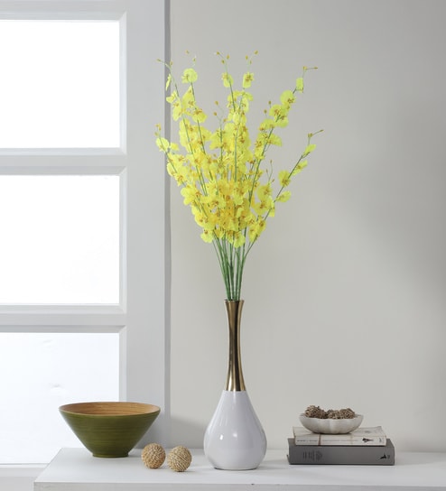 Yellow Fabric Artificial Orchid Flower Sticks Set of 5