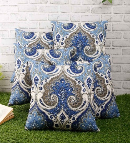 Blue Polycotton Ethnic Motif 16x16 inches Cushion Cover (5Pc)