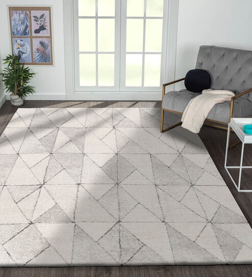 Polyester Geometric Machine Made Carpet, 5 X 7 Feet, Cream