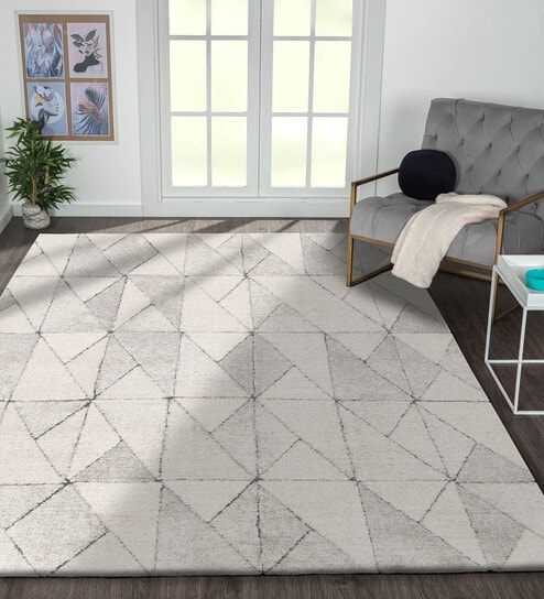 Polyester Geometric Machine Made Carpet, 5 x 7 feet, Cream