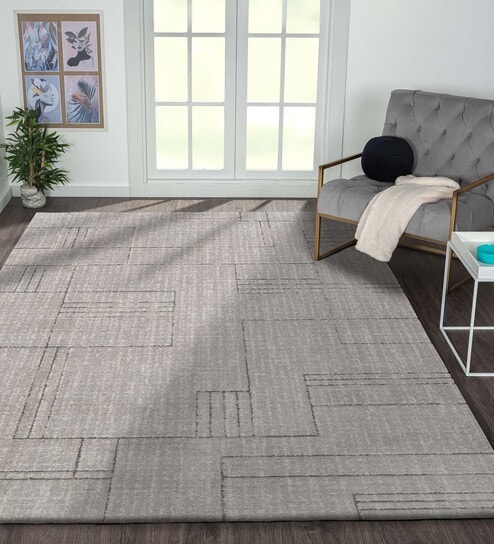 Polyester Geometric Machine Made Carpet, 5 X 7 Feet, Grey