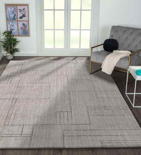 Polyester Geometric Machine Made Carpet, 5 X 7 Feet, Grey