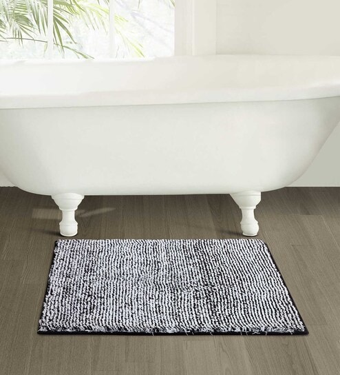 Polyester Machine Made  60 x 40 Inches Bath Mat, Black White