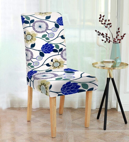 White & Blue Printed Polyester 15x19 Inches Stretchable Chair Cover by Cortina