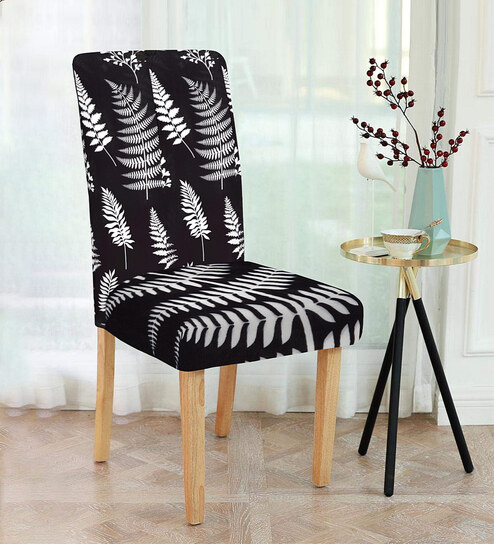 Black Leaf Printed Polyester 15x19 Inch Stretchable Chair Cover by Cortina