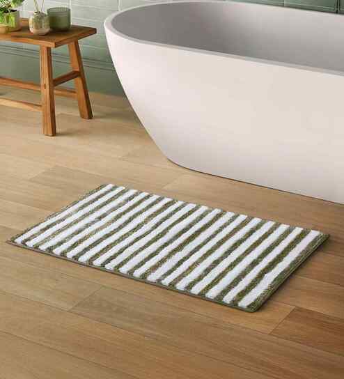 Olive Polyester Striped 60x40 cm Bath Mat