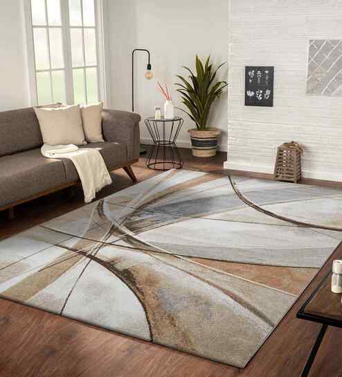 Polypropylene Abstract Machine Made Carpet, 5 X 7 Feet, Light Brown And Cream