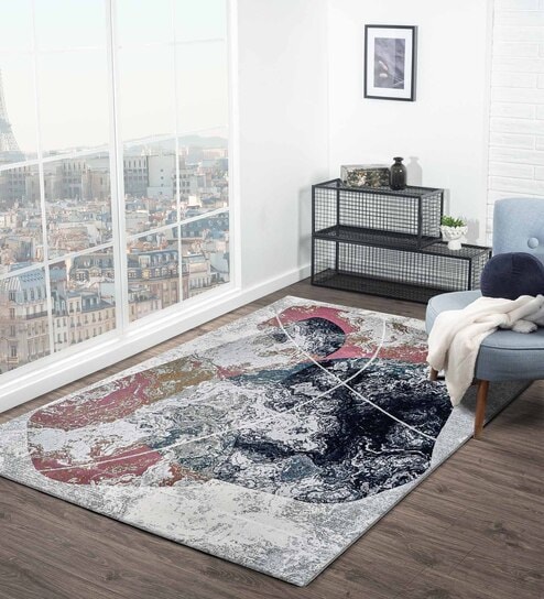 Polypropylene Abstract Machine Made Carpet, 5 X 7 Feet, Peach And Blue