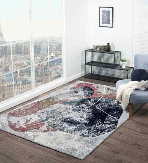 Polypropylene Abstract Machine Made Carpet, 5 X 7 Feet, Peach And Blue