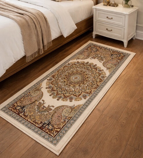 Cream & Blue Polypropylene Antistatic 2 X 5 Feet Runner With Cotton Backing
