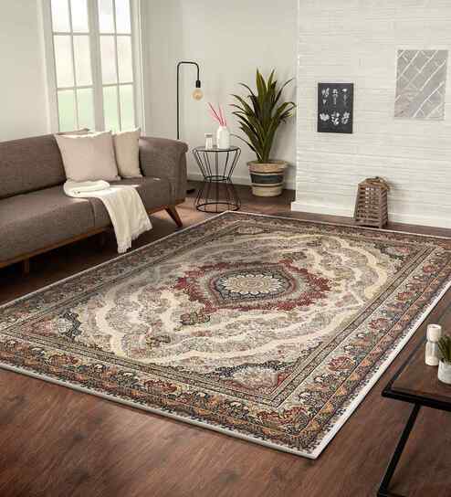Polypropylene Persian Machine Made Carpet, 4 X 6 Feet, Cream