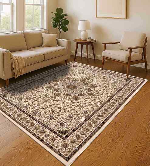 Polypropylene Persian Machine Made Carpet, 4 X 6 Feet, Cream