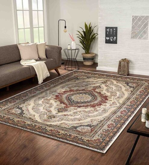 Polypropylene Classical Machine Made Carpet, 5 x 7 feet, Cream Brown Blue