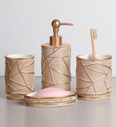 Polyresin 4Pcs Bathroom Set, Gold & Beige