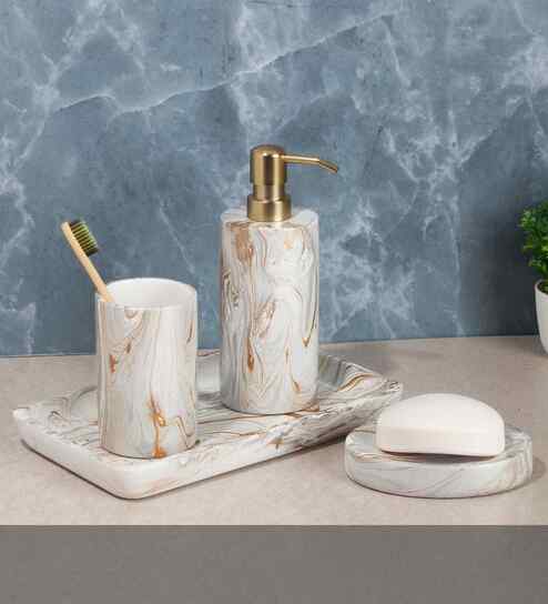 Brown and White Polyresin 4Pcs Bathroom Set