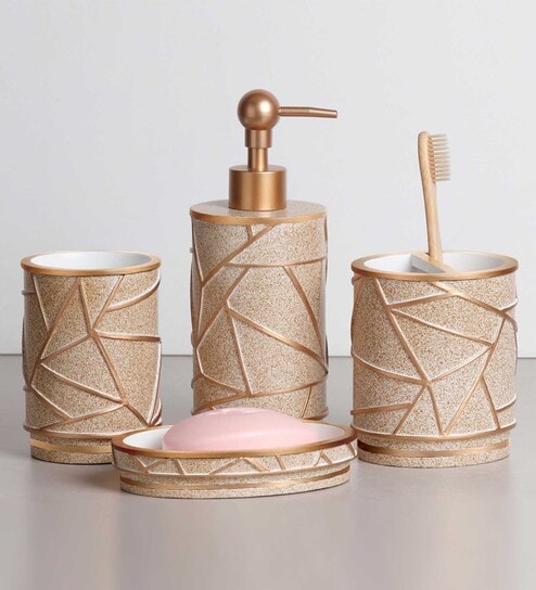Polyresin Bathroom Set, Gold & Beige