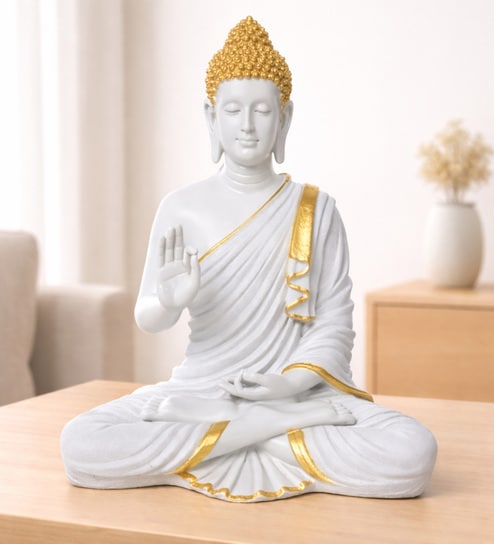 White and Gold Polyresin Lord Buddha Idol