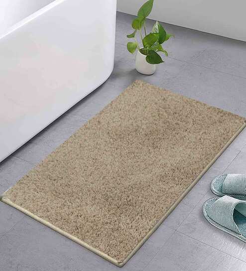 Beige Solid Polyester 5x3 Inches AntiSkid Bath Mat by Luxe Home International