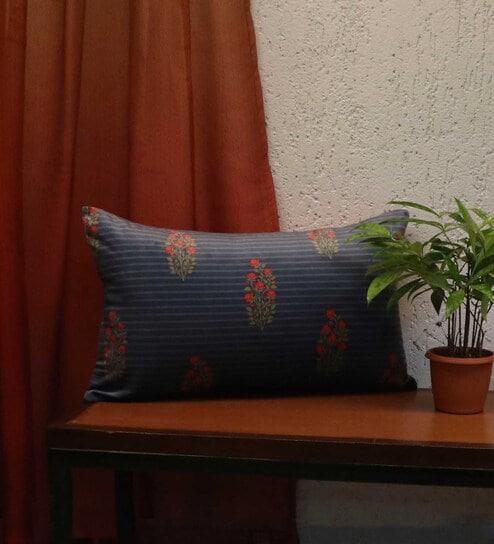 Blue Traditional Polyester 20 x 12 Inches Cushion Cover by Zeba