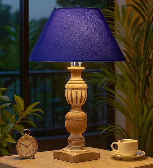 Porco Blue Cotton Shade Night Lamp With Wood Base