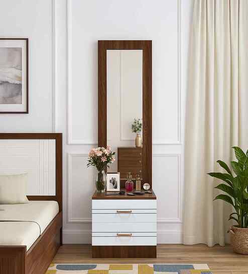 Portland Dressing Unit With Mirror & Drawer In Planked Oak Dark With Ceramic White Finish