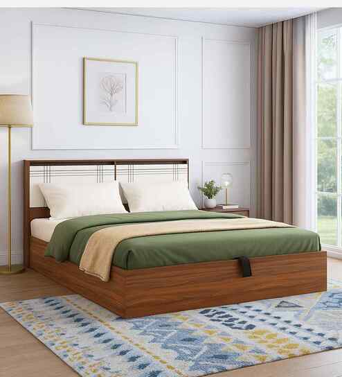 Portland King Size Bed With Headboard &Hydraulic Storage Bed Lifter In Planked Oak Dark And Ceramic White Finish