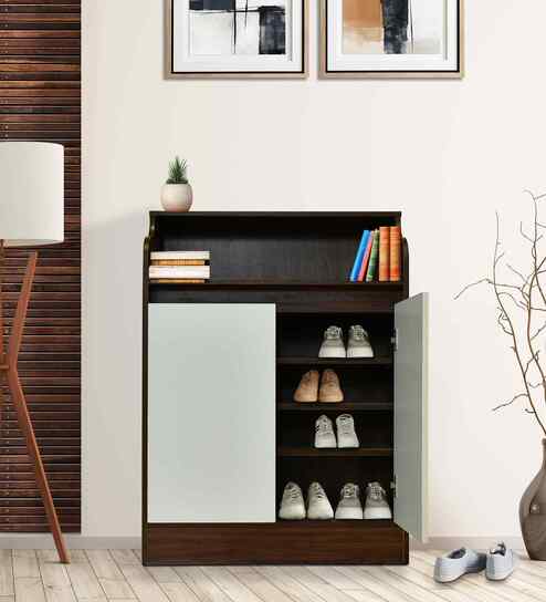 Portland Shoe Cabinet In Planked Oak Dark With Ceramic White Finish