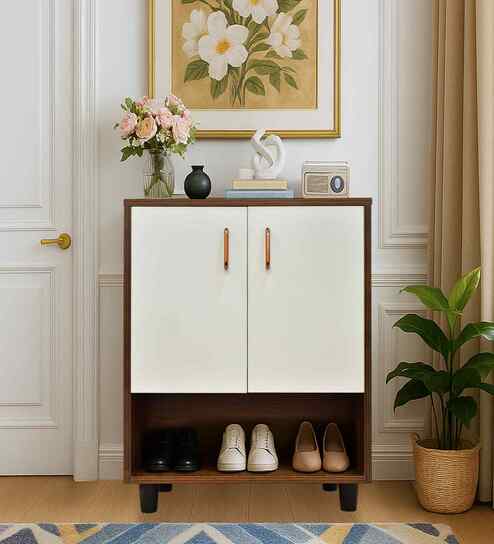 Portland Shoe Cabinet In Planked Oak Dark With Ceramic White Finish
