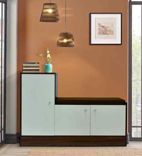 Portland Shoe Cabinet With Seating In Planked Oak Dark With Ceramic White Finish