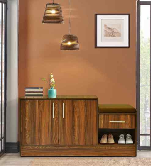 Portland Shoe Cabinet With Seating In Planked Oak Dark With Finish