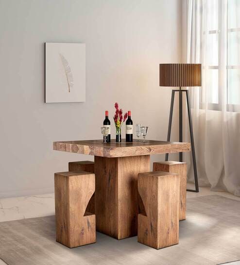 Portland Solid Wood Bar Table Set in Natural Finish With 4 Stools