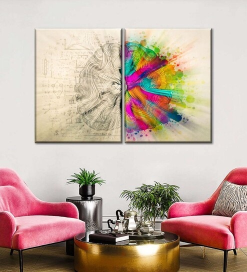 Beige Pink Left And Right Brain Framed Wall Art Panels ( Set Of 2)