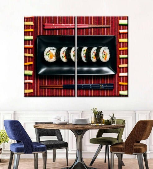 Brown Black Sushi Rolls Printed Framed Wall Art Panels ( Set Of 2)