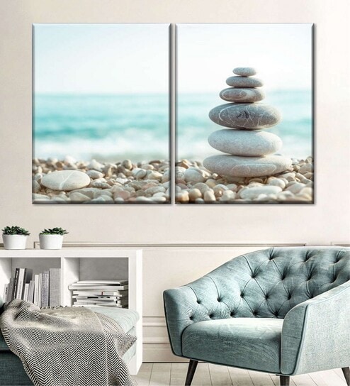 Blue Cream-Colored Rocky Beach Stacked Pebbles Wall Art Panels ( Set Of 2)