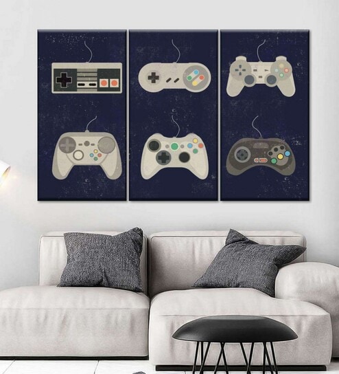 Black Beige Video Game Controller Evolution Framed Wall Art Panels ( Set Of 3)