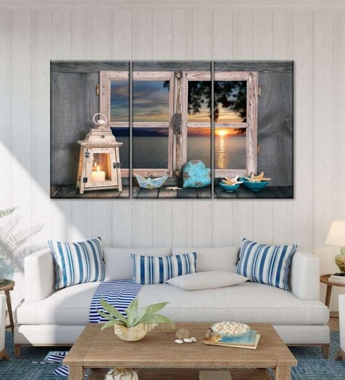 Black Beige Window To Sunset Beach Front Printed Canvas Framed Wall Art Panels ( Set Of 3)