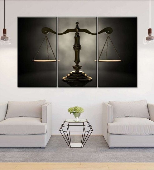 Black Grey Gold Scales Of Justice Printed Wall Art Panels ( Set Of 3)