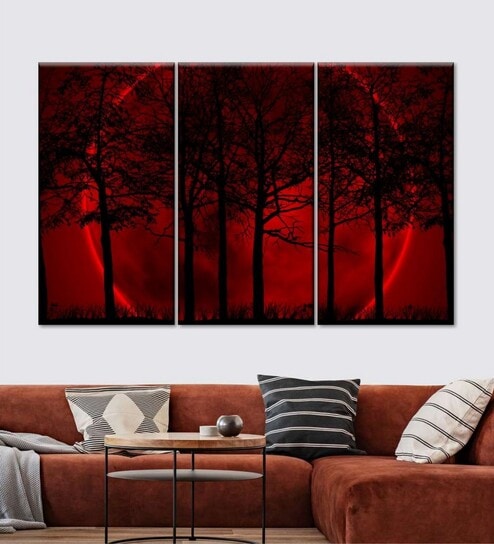 Black Red Dark Haunted Forest Printed Framed Wall Art Panels ( Set Of 3)
