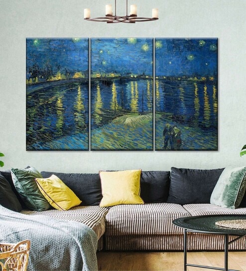 Blue Green The Starry Night Over The Rhone Printed Framed Wall Art Panels ( Set Of 3)