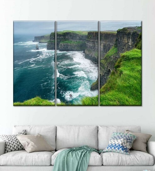 Blue Green Windy Cliffs Of Mother Printed Wall Art Panels ( Set Of 3)