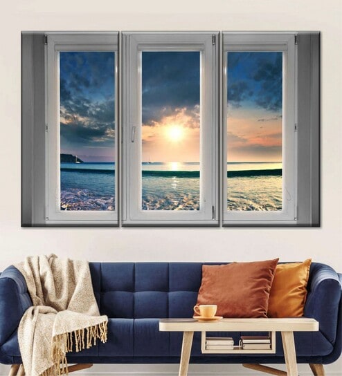 Blue Grey Window To Beach Scene Printed Wall Art Panels ( Set Of 3)
