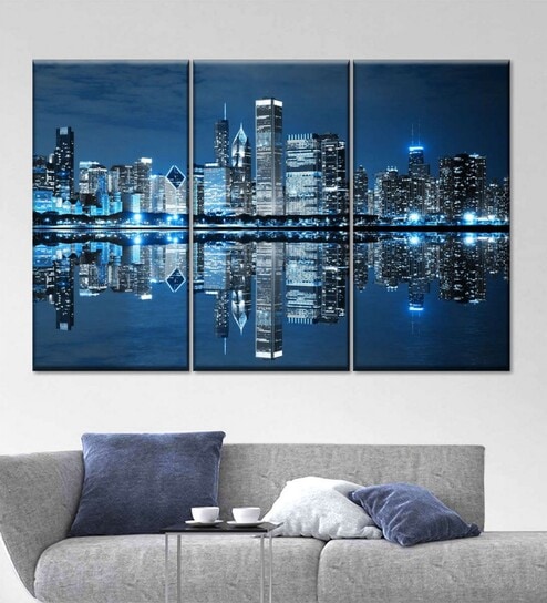 Blue White Chicago Night Lights Printed Framed Wall Art Panels ( Set Of 3)