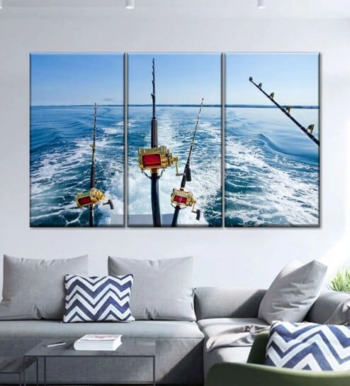 Blue White Fishing Reel In Natural Setting Panels Wall Art Panels ( Set Of 3)